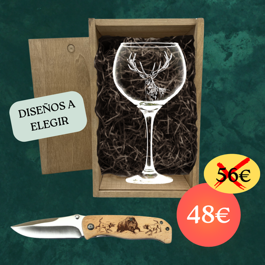 COPA BALÓN + NAVAJA + CAJA MADERA (diseños a elegir)