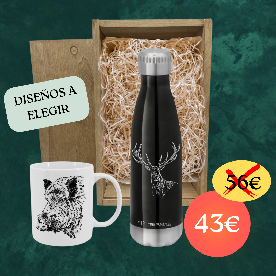 BOTELLA/TERMO +  TAZA + CAJA MADERA (diseños a elegir)