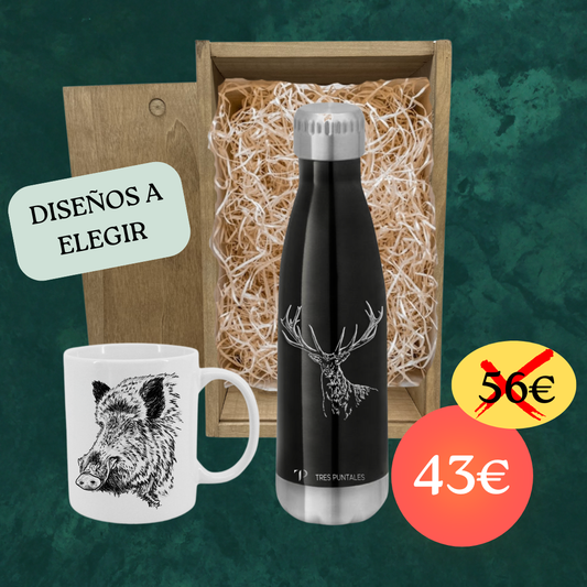 BOTELLA/TERMO +  TAZA + CAJA MADERA (diseños a elegir)
